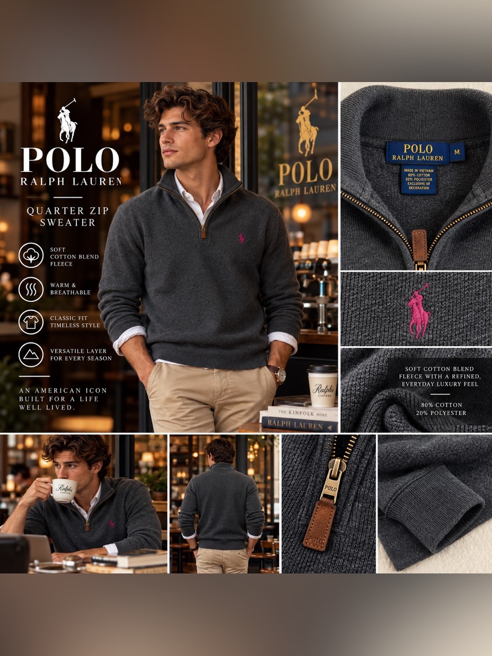 Polo Ralph Lauren Cotton-Blend Fleece Quarter-Zip Sweater Men's Gray Medium
